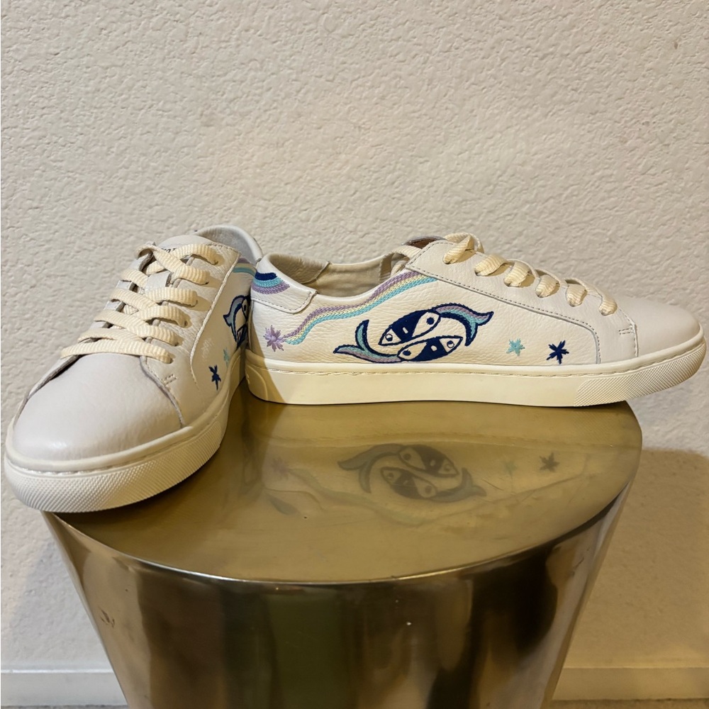 Soludos Cream Sneakers with Blue and Purple Embroidery